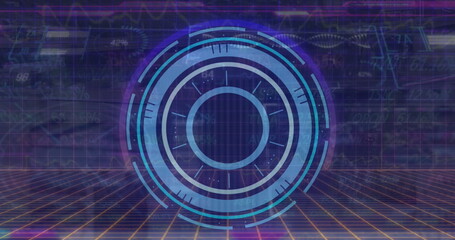 Image of text blue circular scope over scope rotating and data processing