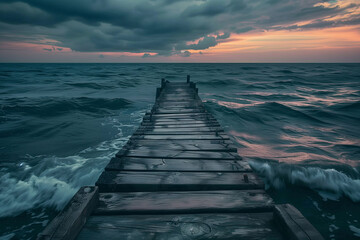 old wooden pier in the sea, at sunset