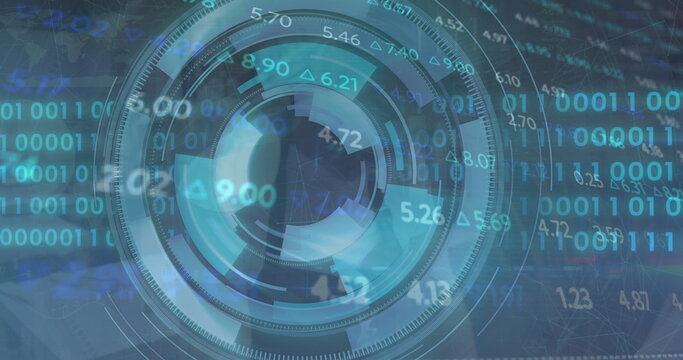 Image of <unk> dna strand over network of connections with data processing