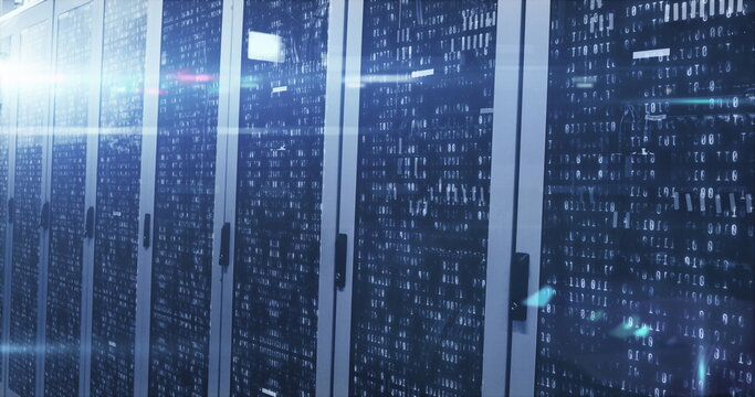 Image of radars, infographic interface and lens flare over server room in background - Powered by Adobe