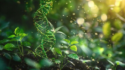 agricultural biotechnology concept with DNA helices intertwining with plants, symbolizing genetic enhancement - obrazy, fototapety, plakaty