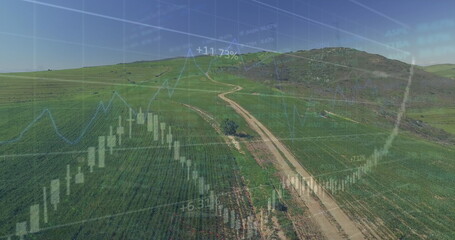 Naklejka premium Image of financial data processing over hills