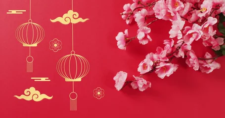 Foto op Canvas Image of chinese pattern and blossom decoration on red background © vectorfusionart