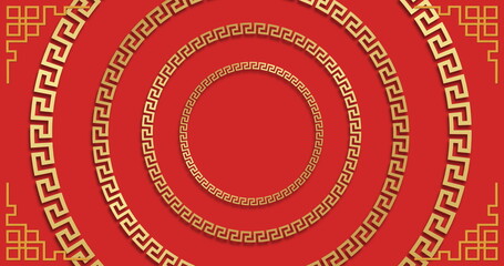 Image of chinese pattern and circles decoration on red background