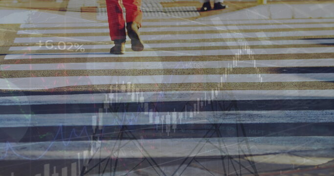 Image of financial data processing over people walking on street and electricity pylon - Powered by Adobe