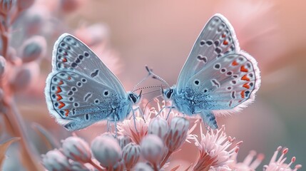 Two butterflies, male and female, rest on a flower in a soft pastel setting, revealing nature's harmony and allure.