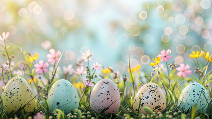 Fototapeta na wymiar a row of colorful easter eggs in the grass with flowers on a pastel background, sunlight and a bokeh effect