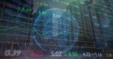 Image of financial data processing with globe over cityscape