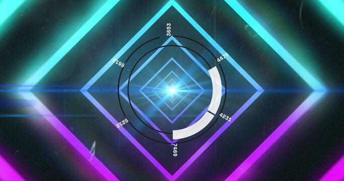 Image of data processing over scope scanning and neon pattern