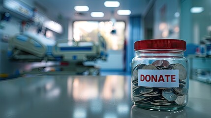 a glass jar with DONATE inscribed at the bottom, filled with coins on a table, set against the backdrop of a hospital, offering substantial empty space for text overlay.