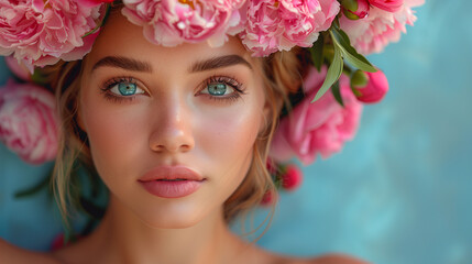 Portrait of a beautiful young woman with pink flowers in her hair.