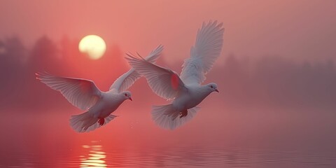 Two doves soar together in harmony under a tranquil pastel sky, symbolizing unity and serenity.