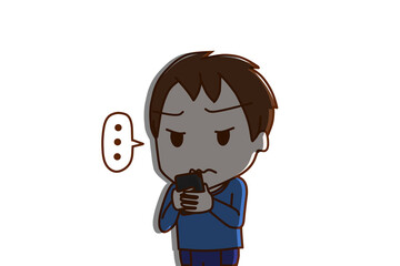 （上半身斜め）スマホを持って画面を見ながら無言になって真顔で影ができる少年