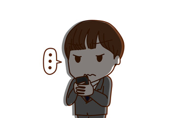 （上半身斜め）スマホを持って画面を見ながら無言になって真顔で影ができる男子学生