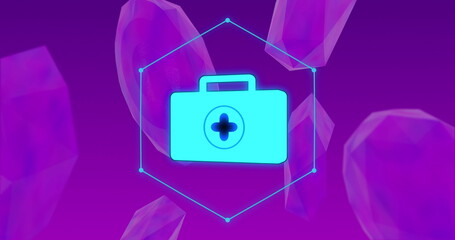 Image of medical kit icon and body cells on purple background