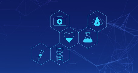 Image of medical icons and lines on blue background