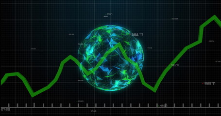 Image of digital interface with green line and globe spinning over grid on black background