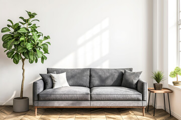 Interior Living Room, Empty Wall Mockup In White Room With Dark Grey Sofa And Green Plants, 3d Render Real Room Template