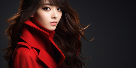 Naklejka premium A woman in a red coat with long hair