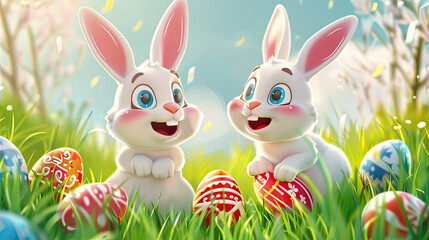 illustration of cute cartoon rabbits with colorful easter eggs in an easter background design for advertising banner or poster