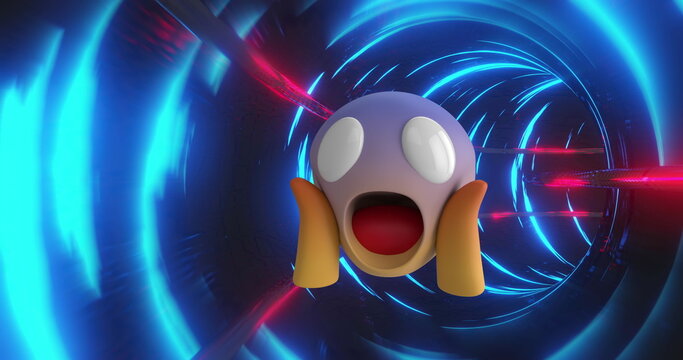 Image of digital interface with shocked emoji icon over glowing blue tunnel in the background