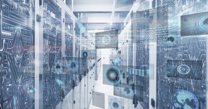 Image of scope scanning and mathematical equations over server room