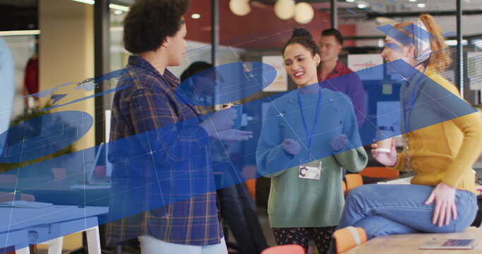 Image of infographic interface over diverse female coworkers having coffee and talking in office