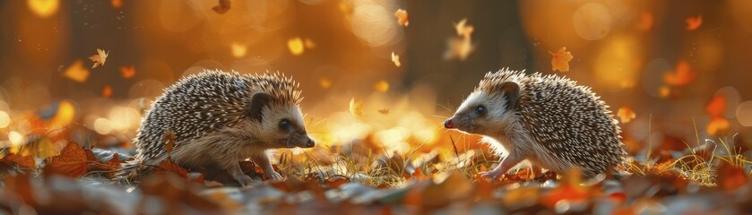 Two hedgehogs exploring in a light pastel blur setting, embodying curiosity and shared teamwork.