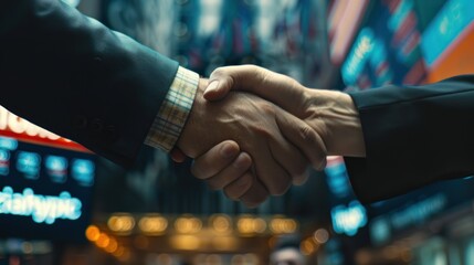 Close-up hand of Businessmen shaking hands in a stock exchange, stock market background. - obrazy, fototapety, plakaty