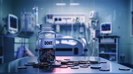 a glass jar with DONATE inscribed at the bottom, filled with coins on a table, set against the backdrop of a hospital, offering substantial empty space for text overlay.