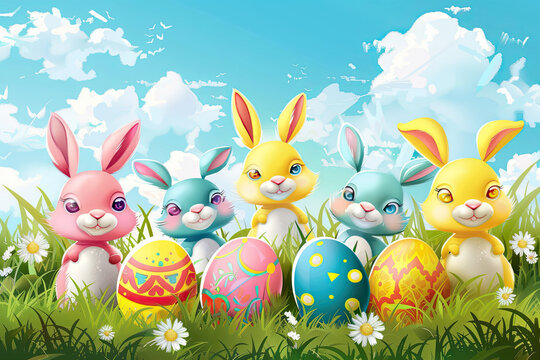 illustration of cute cartoon rabbits with colorful easter eggs in an easter background design for advertising banner or poster