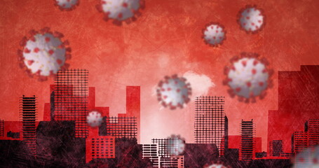Image of covid 19 cells floating over cityscape on red background