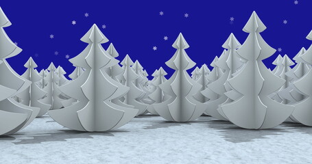 Fototapeta na wymiar Multiple trees icons on winter landscape over snowflakes falling against blue background