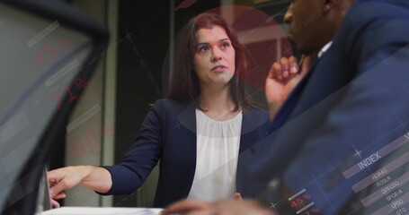 Image of infographic interface and diverse serious businesswoman discussing with colleague