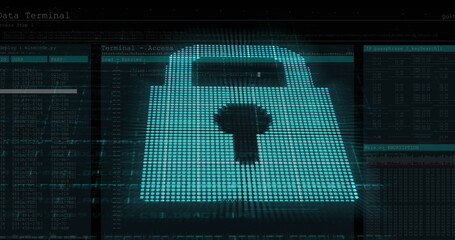 Image of data processing and digital padlock over black background