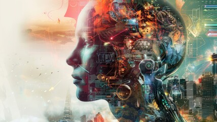 Artificial Intelligence and Technology, illustrating the intricate journey from primitive humans to futuristic cyborgs in a bright and colorful display.