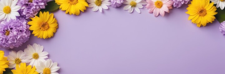 Fototapeta premium Banner spring flowers purple and yellow color with space for text at purple background.Valentine's Day, Easter, Birthday, Happy Women's Day, Mother's Day concept.