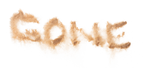 GONE Text Word of Sand letter. Calligraphy of Sand flying explosion with GONE text wording in alphabet english letter. White background Isolated throwing particle element object