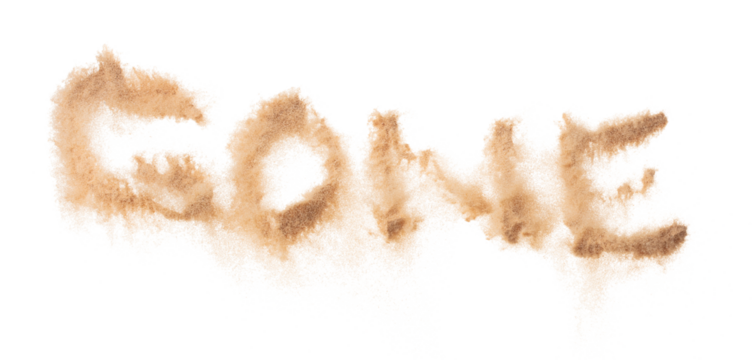 GONE Text Word of Sand letter. Calligraphy of Sand flying explosion with GONE text wording in alphabet english letter. White background Isolated throwing particle element object