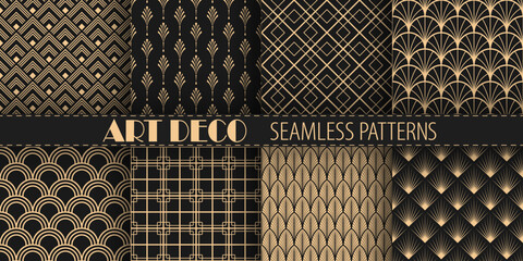 Art deco vector seamless patterns collection. Classic geometric gold ornaments on black background. Best for textile, wallpapers, wrapping paper, package and web design.