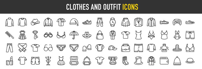 Fototapeta na wymiar Clothes And Outfit outline icon set. Vector icons illustration collection