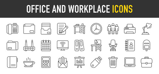Office and Workplace outline icon set. Vector icons illustration collection.