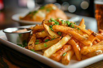 Close-Up Delicious French Fries Served On A Plate In Food Restaurant Interior, Fries Food Photography, Food Menu Style Photo Image