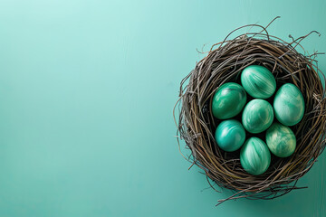 top view green easter eggs in nest on green background with copy space