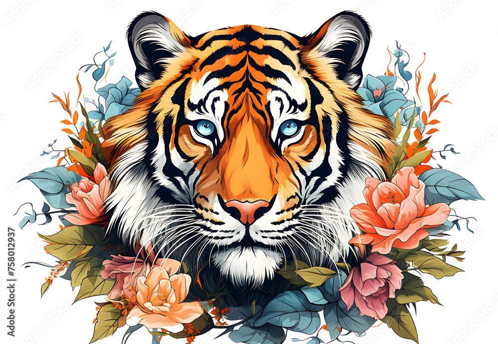 Wall mural watercolor painting of tiger head yellow, black among leaves and flowers isolated on transparent bac