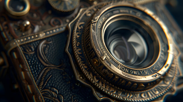 A close-up of an old camera, with details of the camera's intricate design, the worn leather, and the brass lens.