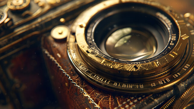 A close-up of an old camera, with details of the camera's intricate design, the worn leather, and the brass lens.