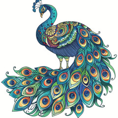 a drawing of a peacock with peacock feathers and a peacock with peacock feathers.