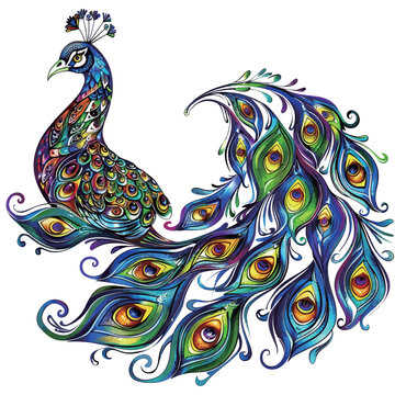 a drawing of a peacock with peacock feathers and a peacock with peacock feathers.