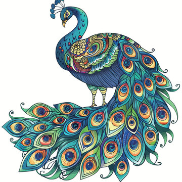 a drawing of a peacock with peacock feathers and a peacock with peacock feathers.